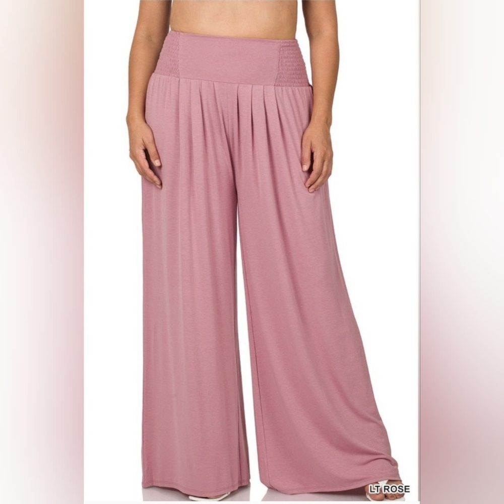 PLUS SIZE SMOCKED WAISTBAND LOUNGE PANTS WIDE LEG LIGHT ROSE PINK NEW